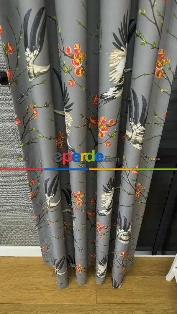 Antrasit Gri Çiçek Kuş Desenli İthal Kadife Fon Perde - Premium Kalite Serisi Ağır Gramajlı