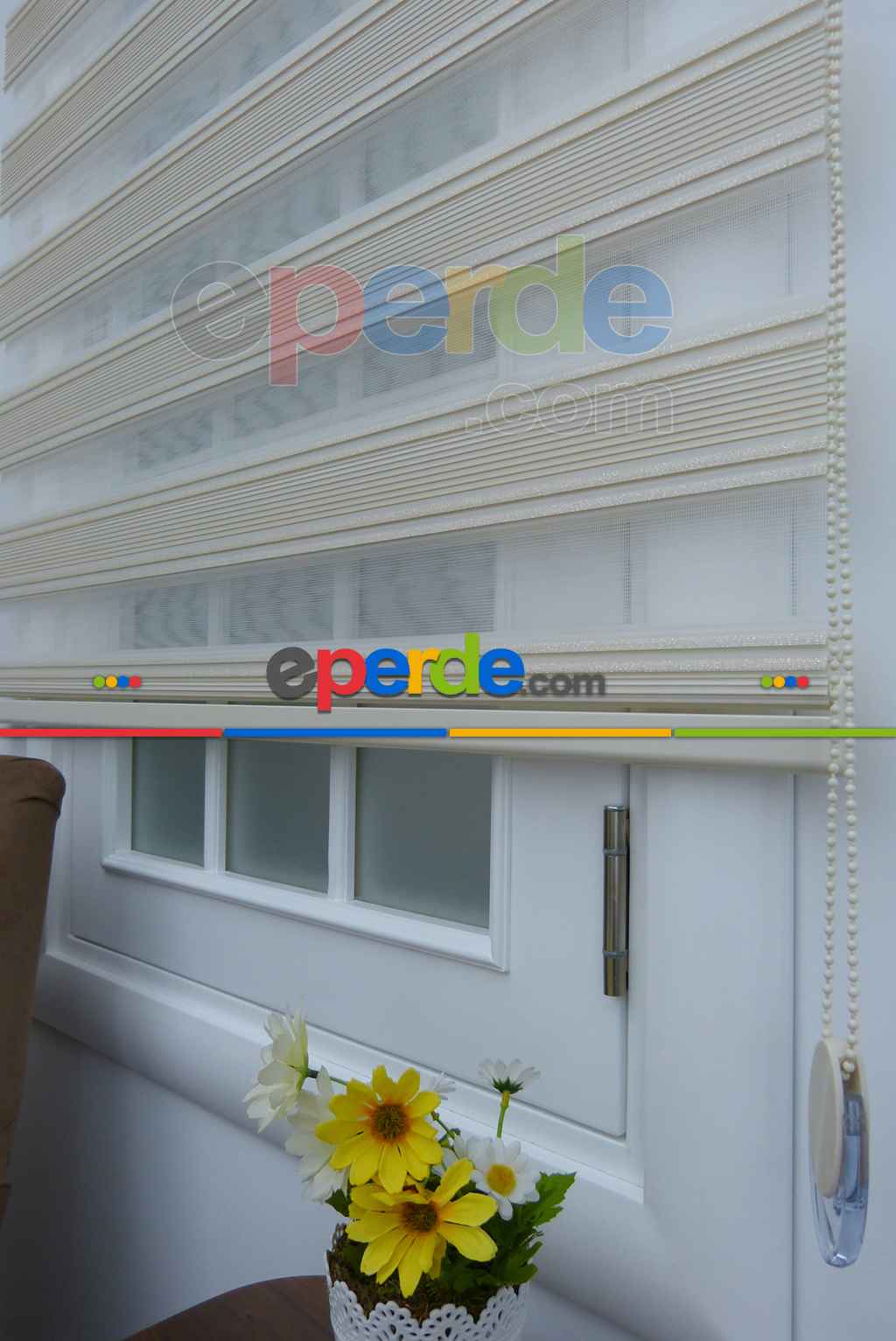 Simli Krem Yarım Plise Zebra Perde- Krem