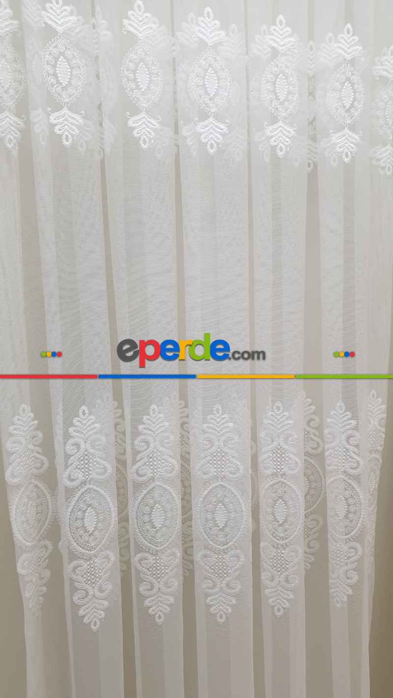 Yatak Odası - Nakışlı Damask Motif Salon Tül Perde- Ekru