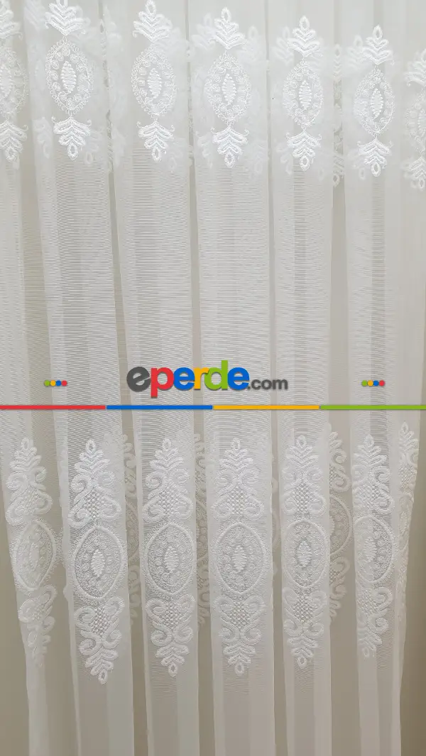 mutfak - Nakışlı Damask Motif Tül Perde- Ekru
