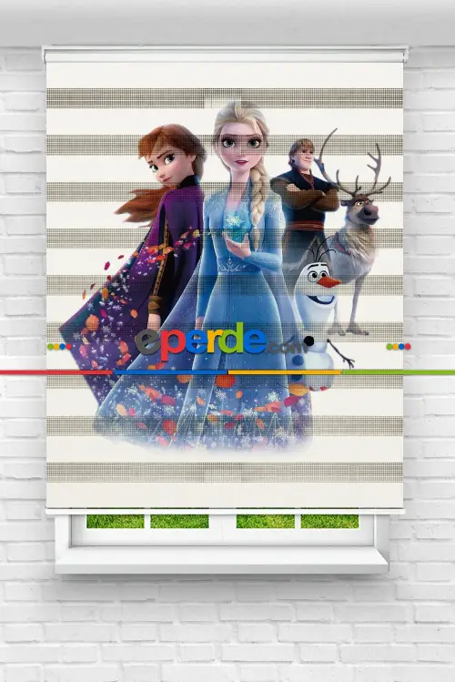 Çocuk Odası - Sevimli Kahramanlar Elsa Ve Anna Baskılı Zebra Perde