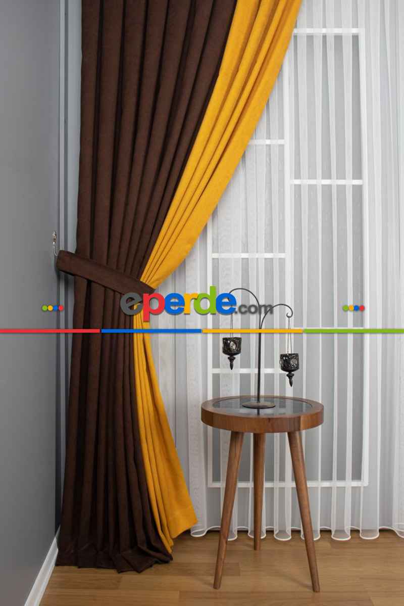 Yatak Odası - Koyu Kahverengi - Hardal Kombinli Fon Perde