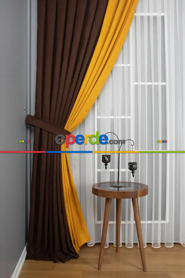 Yatak Odası - Koyu Kahverengi - Hardal Kombinli Fon Perde