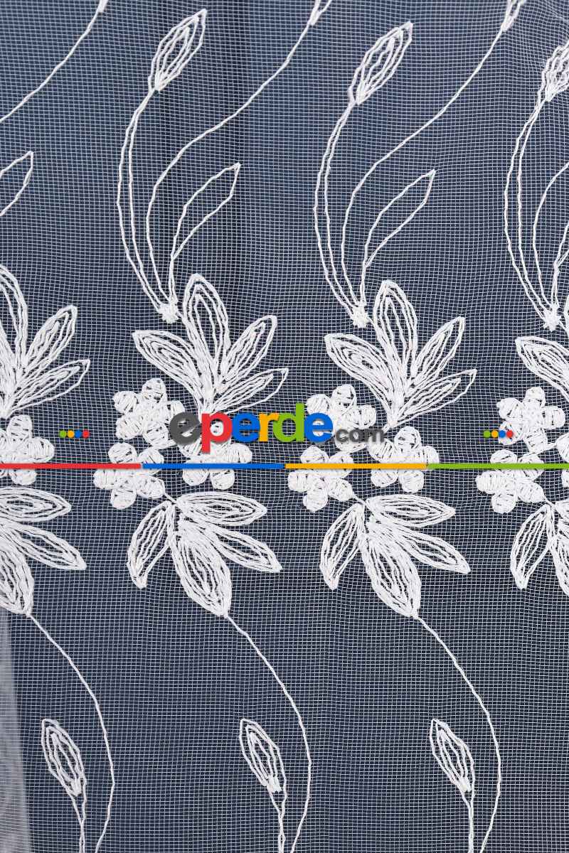 Mutfak Brode Işlemeli Sarmaşık Desen Çiçekli Tül Perde