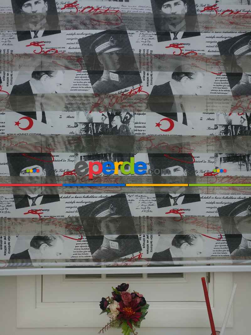 Atatürk Baskılı Zebra Perde- Siyah-kırmızı-beyaz-siyah Kırmızı- Çok Renkli 3