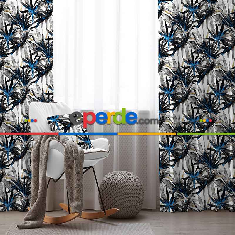 Lacivert Tropik Desenli Fon Perde Evim738 Kumaşı Kalındır Duck Bezi Değildir- Mavi-beyaz
