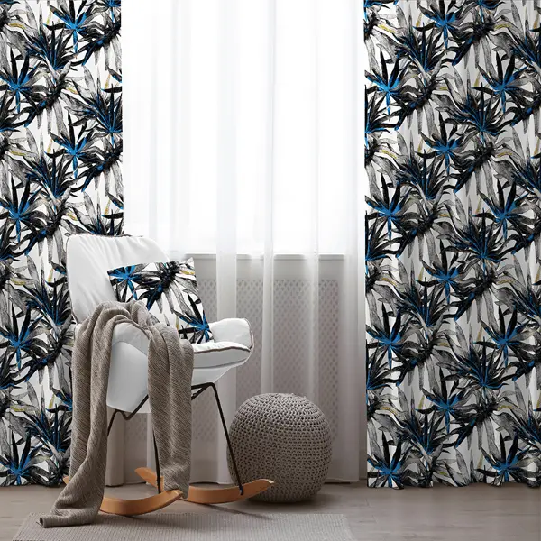 Lacivert Tropik Desenli Fon Perde Evim738 Kumaşı Kalındır Duck Bezi Değildir- Mavi-beyaz