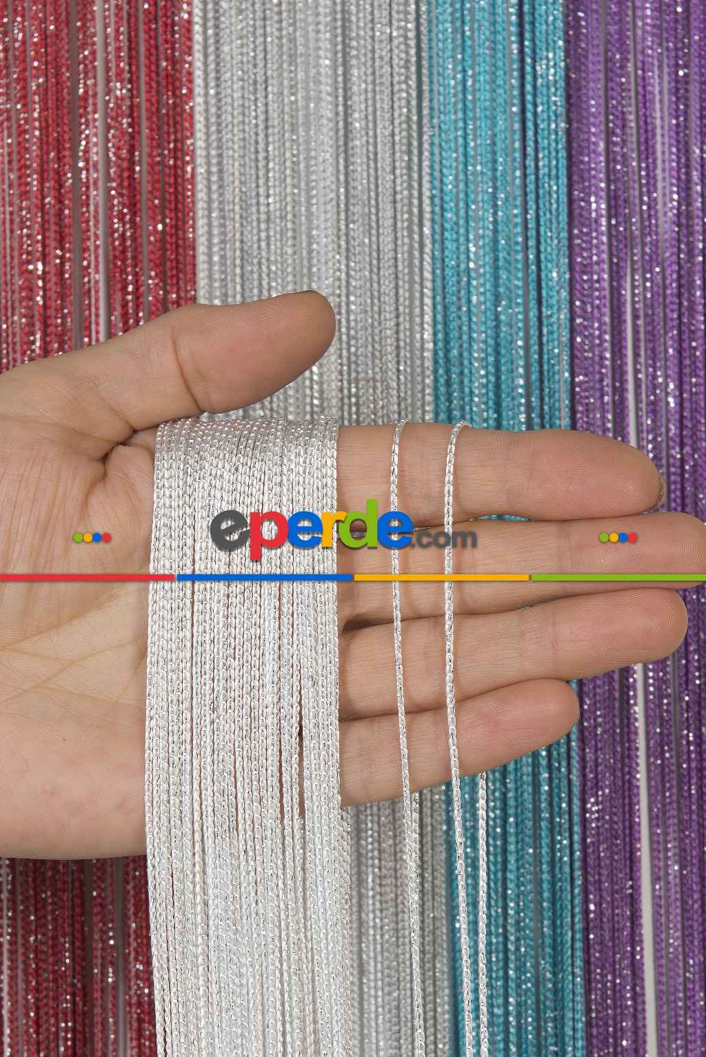 İnce Zincir Seri İp Perde Beyaz Gümüş- Beyaz-gümüş Simli