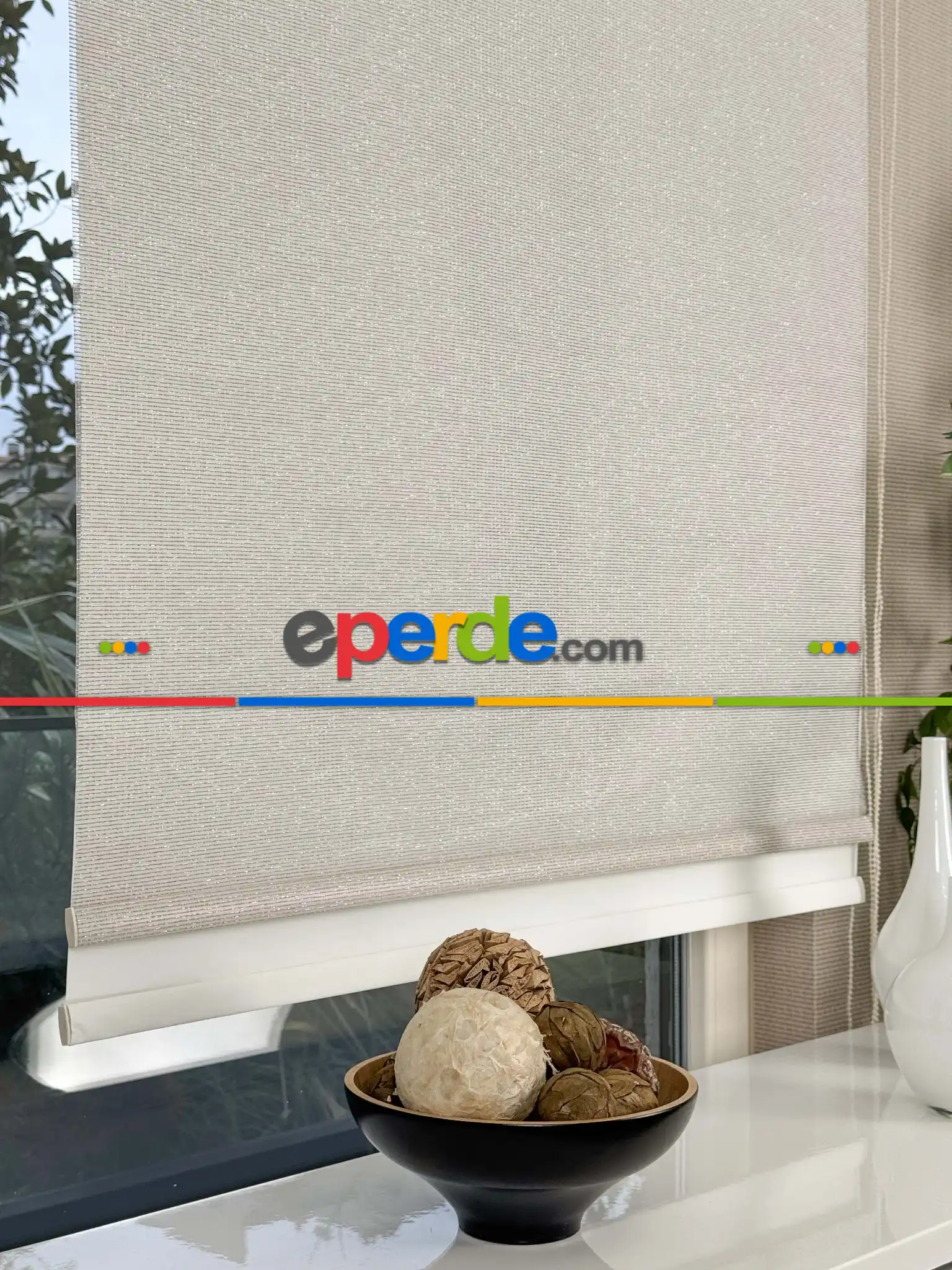 Ekru Krem Çiftli Sistem Tül Stor Perde, Standart Metal Kasalı Yüksek Kalite Kornişe Kolay Montaj Seçenekli