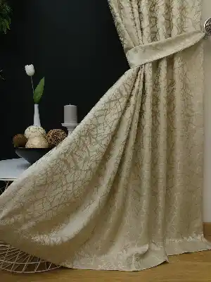 Salon Perdesi - Krem Desenli Jakar Fon Perde (geniş En:280 Kumaş)- Krem