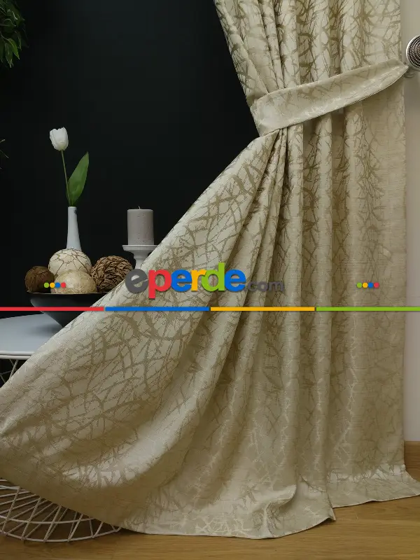 Salon Perdesi - Krem Desenli Jakar Fon Perde (geniş En:280 Kumaş)- Krem