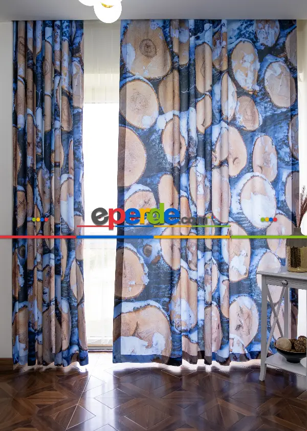 Hazır Ölçülü Dökümlü Kumaştan Kış Ve Odun Baskılı Pilesiz Fon Perde 1. Kalite