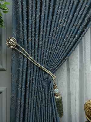 Jakar Desenli Fon Perde- Hardal Sarısı-petrol Mavisi