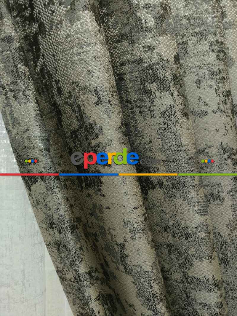 Salon Fon Perde - Siyah Gri Desenli Jakar Fon Perde (180)- Kahve Venge