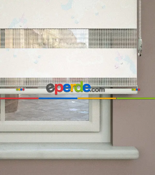 Bulut Desenli Baskılı Zebra Perde- Çok Renkli