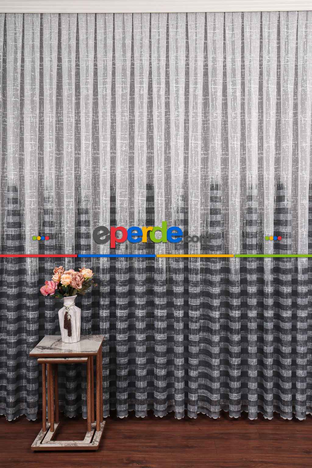 Genç Odası - Modern Çizgili Baskılı Örme Tül Perde- Gri ( Degrade Geçişli) 2022 Özel Seri