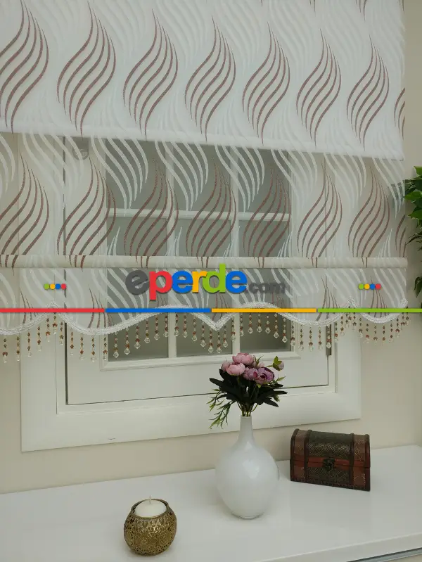 Yakma Çizgili Desenli Çiftli Sistem Tül Stor Perde- Kahverengi