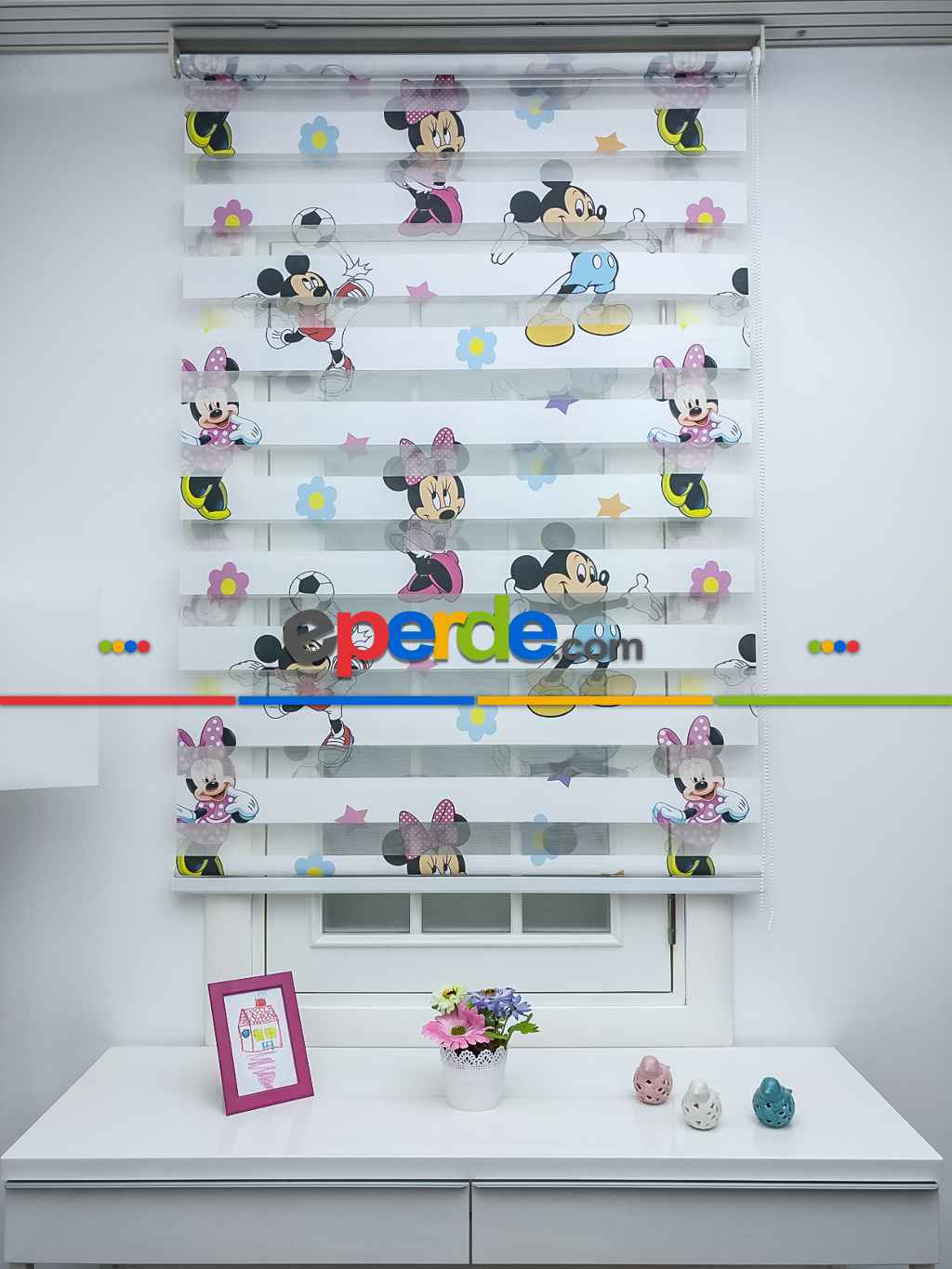 Çocuk Odası - Minnie Mouse Ve Mikie Mouse Zebra Perde- Mavi