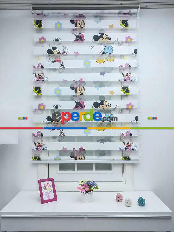 Çocuk Odası - Minnie Mouse Ve Mikie Mouse Zebra Perde- Mavi