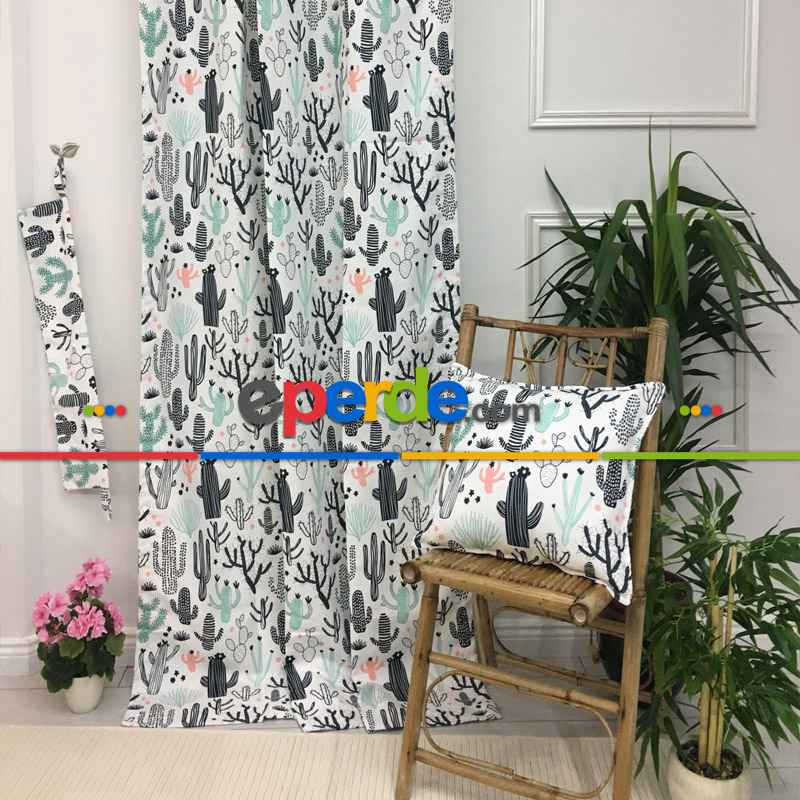 Kaktüs Desenli Fon Perde Evm694 Kumaşı Kalındır Duck Bezi Değildir- Siyah-Beyaz