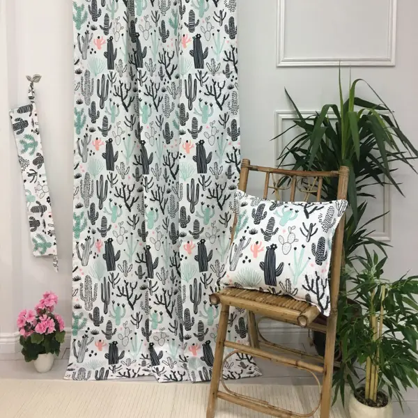 Bebek Odası Fon - Kaktüs Desenli Fon Perde Evm694 Kumaşı Kalındır Duck Bezi Değildir- Siyah-Yeşil