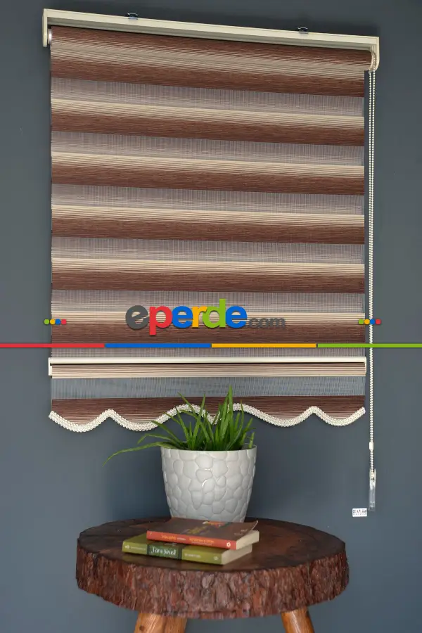 Halim Perdesan Yz-04 Krem & Koyu Kahverengi Renk Etekli Veya Eteksiz Zebra Stor Perde