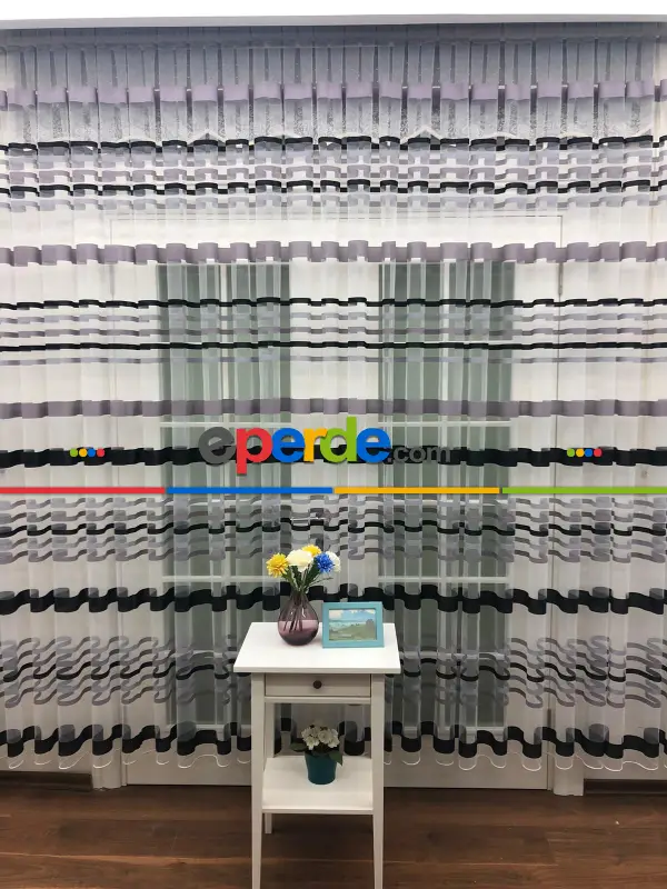 Enine Çizgili Bantlı Spor Tül Perde- Siyah-gri Açık-gri Koyu-ekru - Kurşunlu Tül