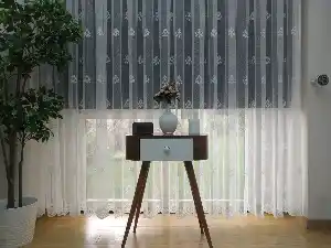 ( Orjinal ) Kdk Damask Serpme Desenli Salon Fransız Dantel Tül Perde & Kruvaze Perde- Ekru