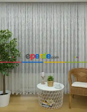 Spor Desen Çizgili Fransız Dantel Tül Perde ( Hazır Ölçü 1/2.5 Normal Pile )- Ekru 200cm X 195cm 