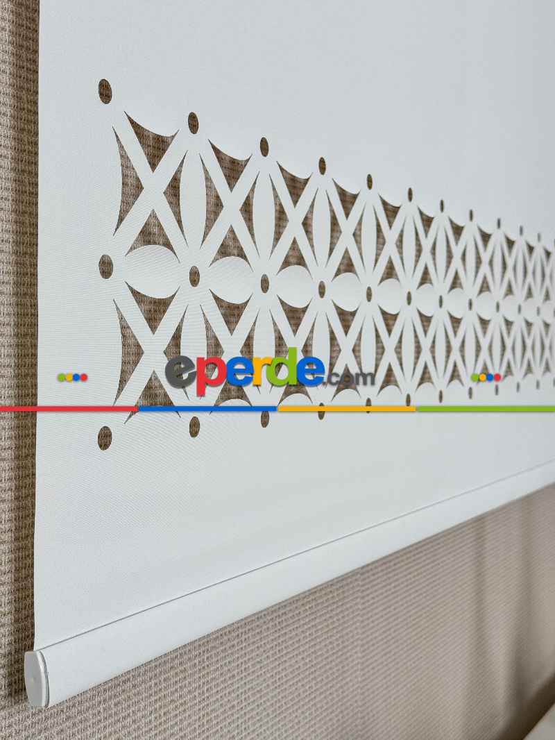 Ekru Lazer Kesimli Stor Perde ( Lazer Kesim Fiyata Dahildir) Metal Kasalı - Yüksek Kalite - Kornişe Kolay Montaj Seçenekli