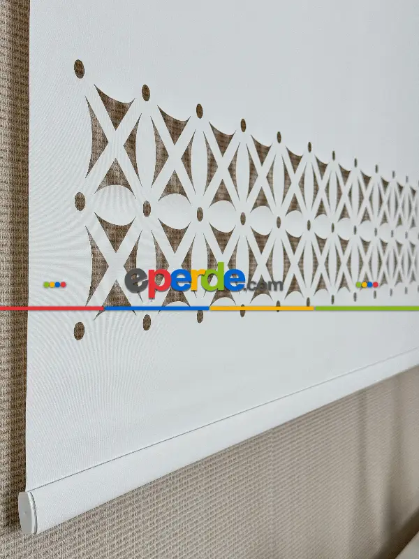 Ekru Lazer Kesimli Stor Perde ( Lazer Kesim Fiyata Dahildir) Metal Kasalı - Yüksek Kalite - Kornişe Kolay Montaj Seçenekli