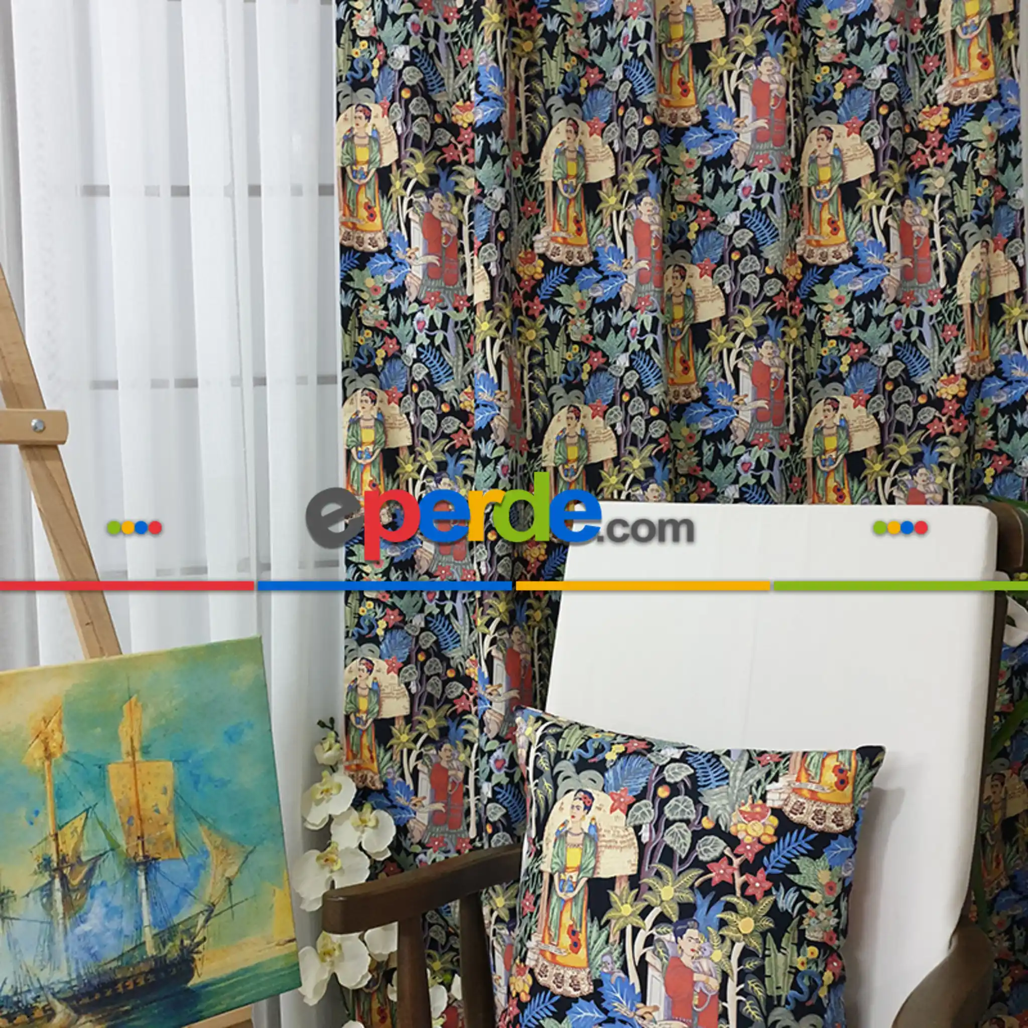 Popart Desenli Fon Perde Evmpopart4 Kumaşı Kalındır Duck Bezi Değildir- Çok Renkli 2