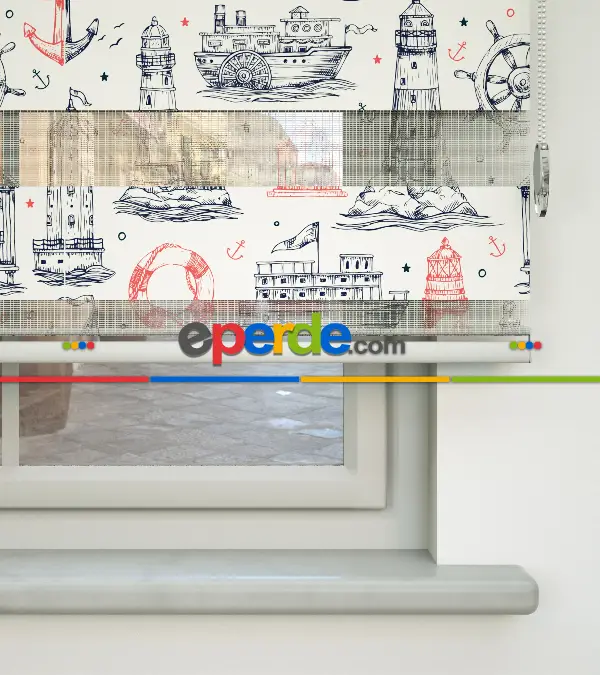 Gemi Ve Deniz Feneri Baskılı Zebra Perde-hatalı- Mavi-kırmızı-beyaz-turkuaz