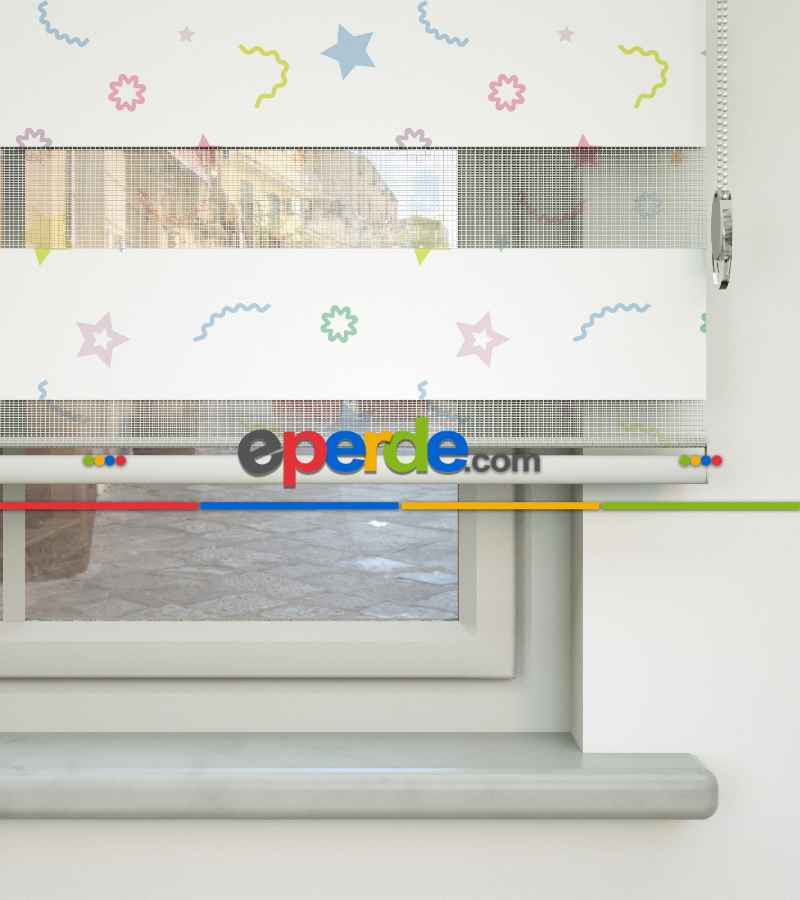 Yıldız Desenli Baskılı Zebra Perde- Çok Renkli