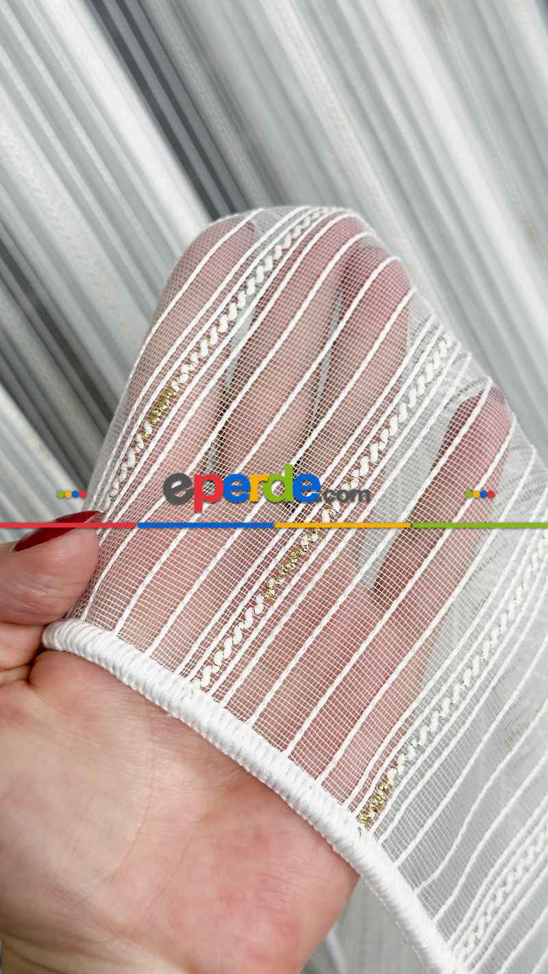 Ekru Zincir Çizgilli Altın Simli Tül Perde