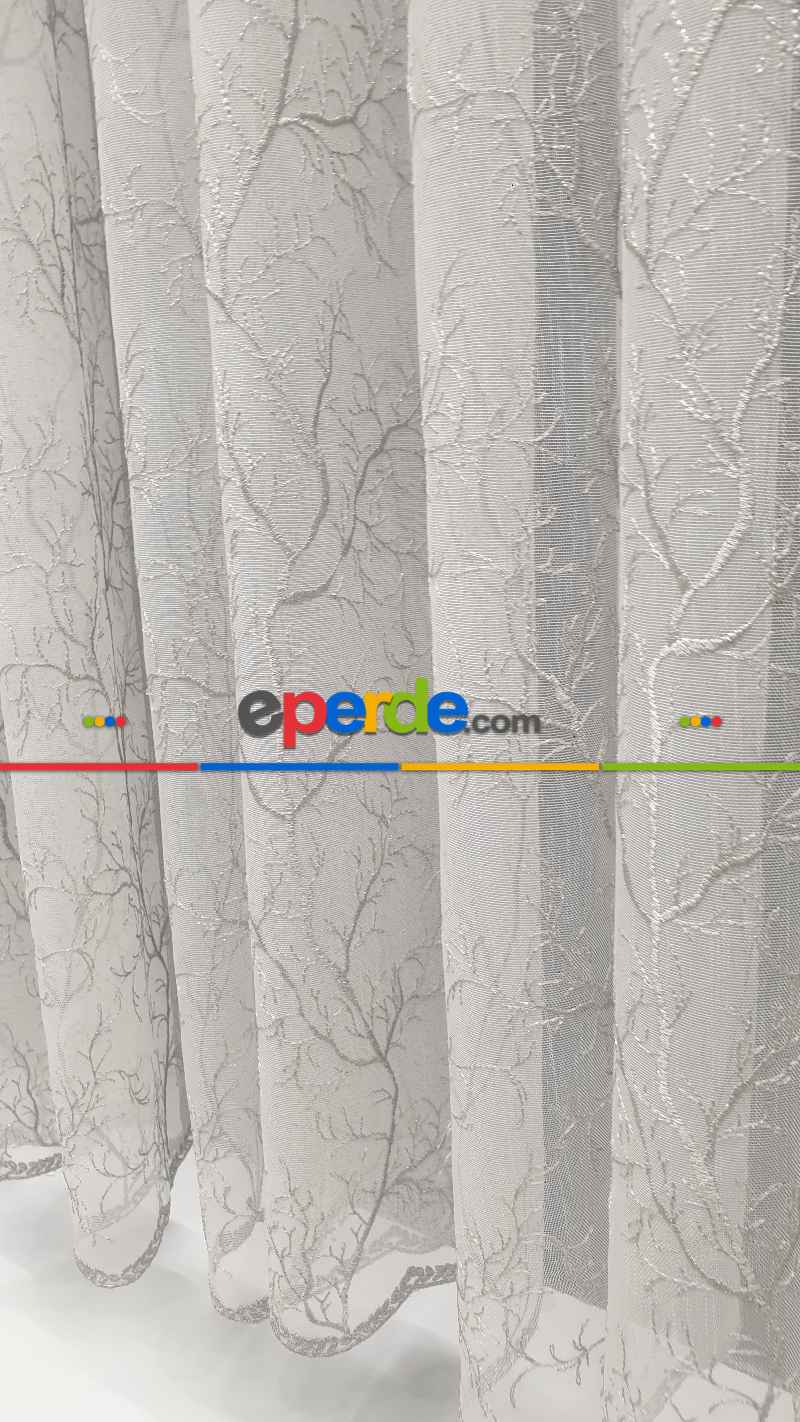 Oturma Odası - Selvi Ağaç Desenli İşlemeli Tül Perde - Açık Krem