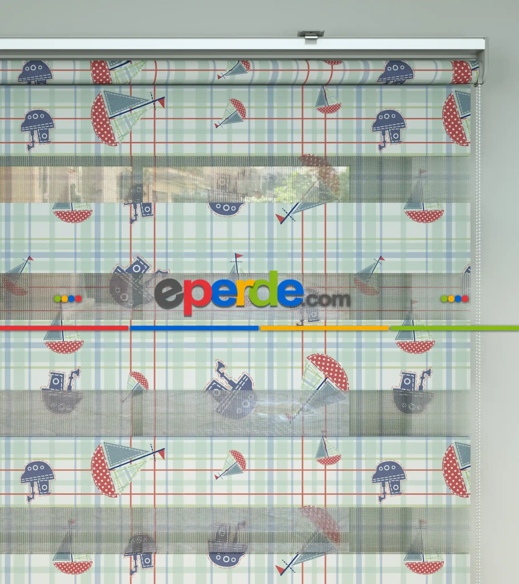 Bebek Odası Zebra Perde - Yelkenli Desen Baskılı Zebra Perde- Çok Renkli