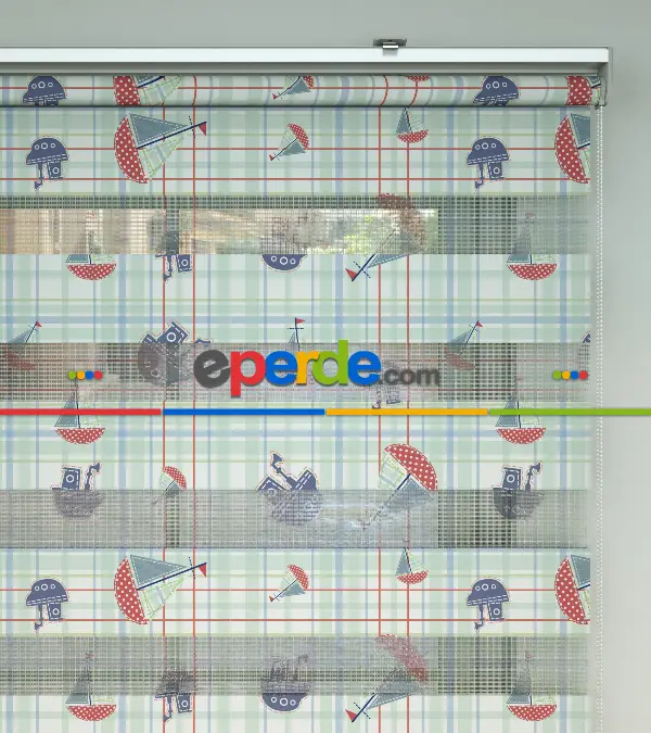 Bebek Odası Zebra Perde - Yelkenli Desen Baskılı Zebra Perde- Çok Renkli