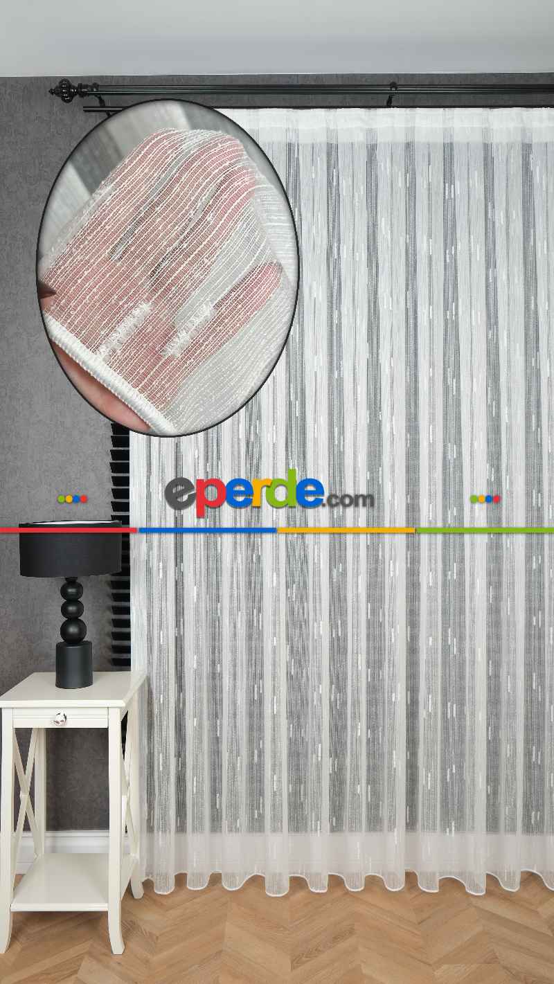 Ekru Şantuk Çizgili Tül Perde Tüğ