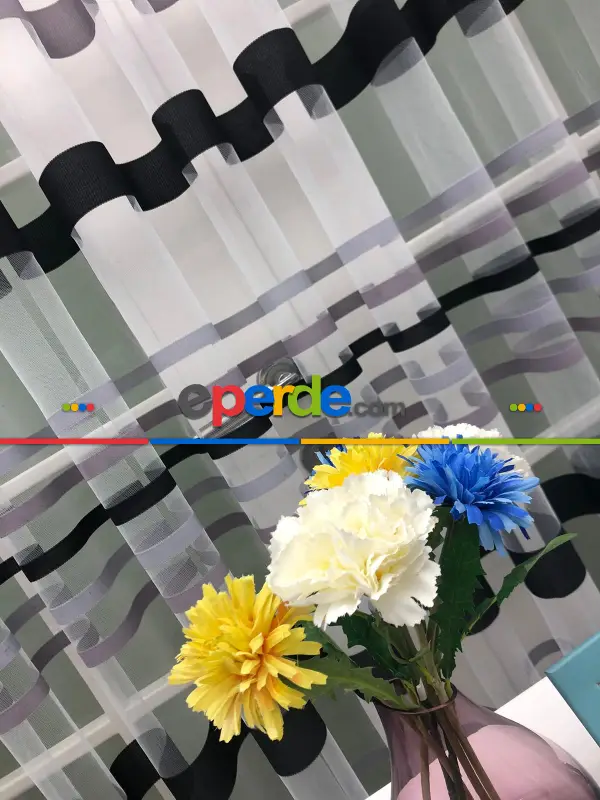 Enine Çizgili Bantlı Spor Tül Perde- Siyah-gri Açık-gri Koyu-ekru - Kurşunlu Tül