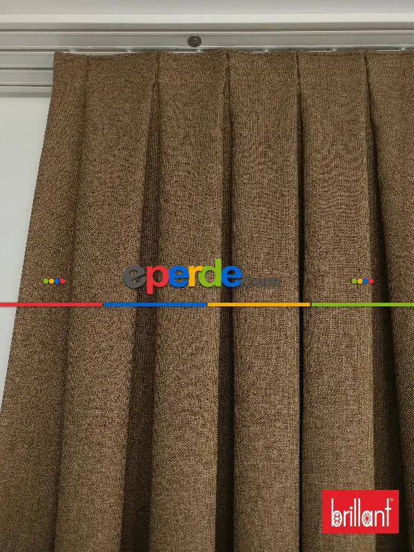 Yatak Odası - Brillant Keten Kahve Renk Düz Fon Perde - Kahve Açık