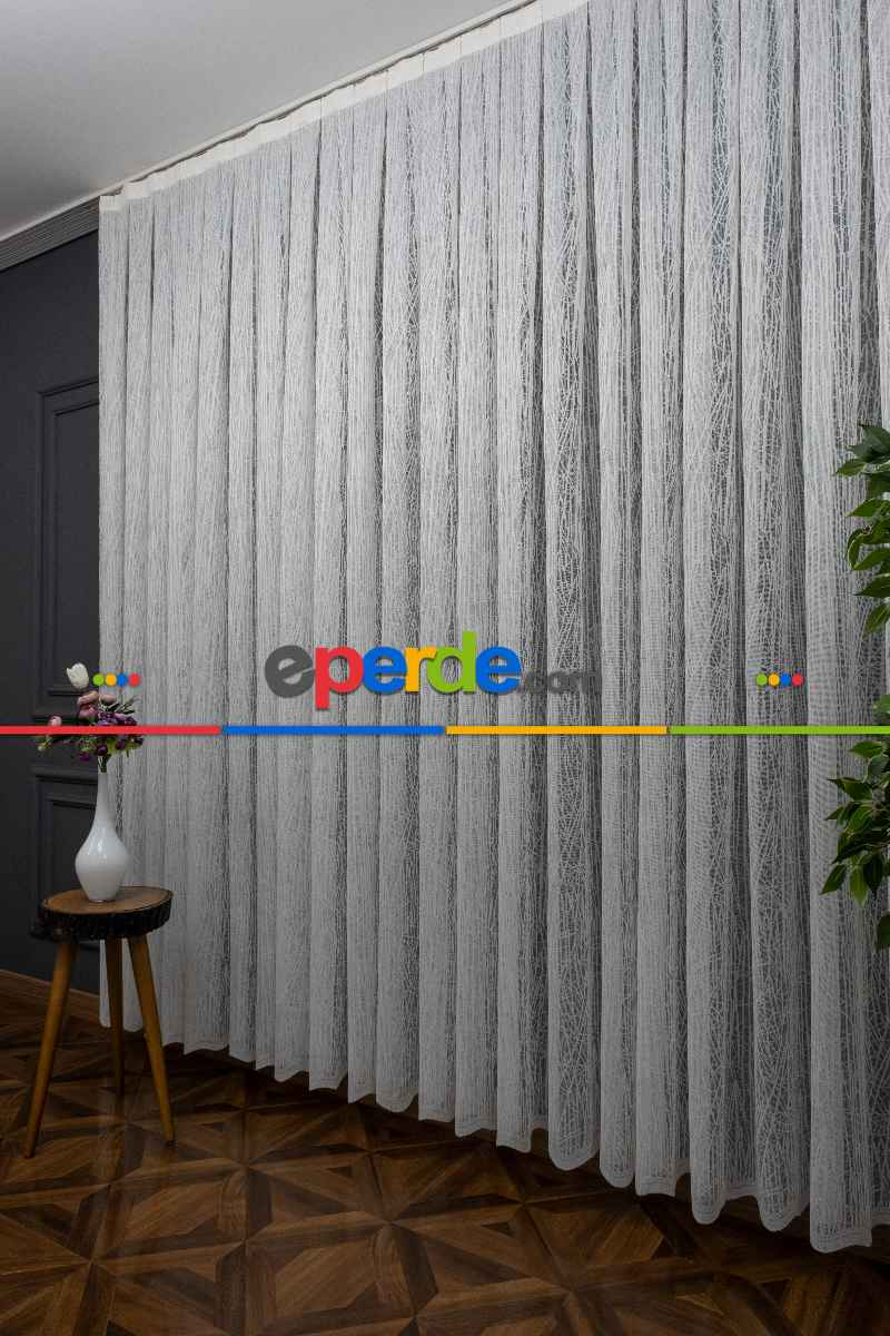 Desenli Tül Perde - Fransız Dantel Örme Tül - Geometrik Çizgili Tül - Spor Desenli Tül - Ütü İstemez- Ekru Açık Krem