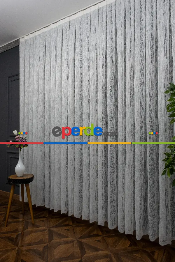 Mutfak Desenli Tül Perde - Fransız Dantel Örme Tül - Geometrik Çizgili Tül - Spor Desenli Tül - Ütü İstemez- Ekru Açık Krem