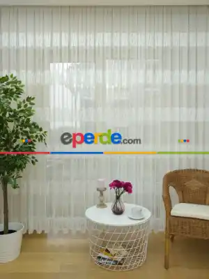 Enine Çizgili Bantlı Tül Perde ( Hazır Ölçü 1/2.5 Normal Pile )- Ekru 200cm X 195cm 