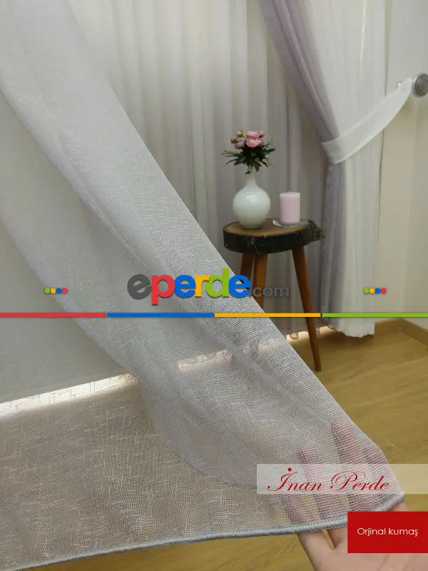 Degrade Renk Geçişli Fransız Danteli Düz Tül Perde ( Fon Satın Alarak Kombin Yapılabilir )- Gri Açık-Ekru