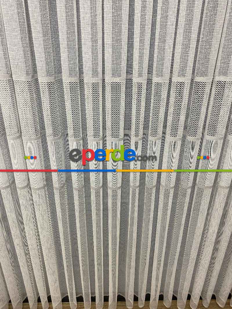 Gri Çizgili Tül Perde - Spor Desenli - Tül Perde - Örme Tül Perde - Ütü İstemeyen