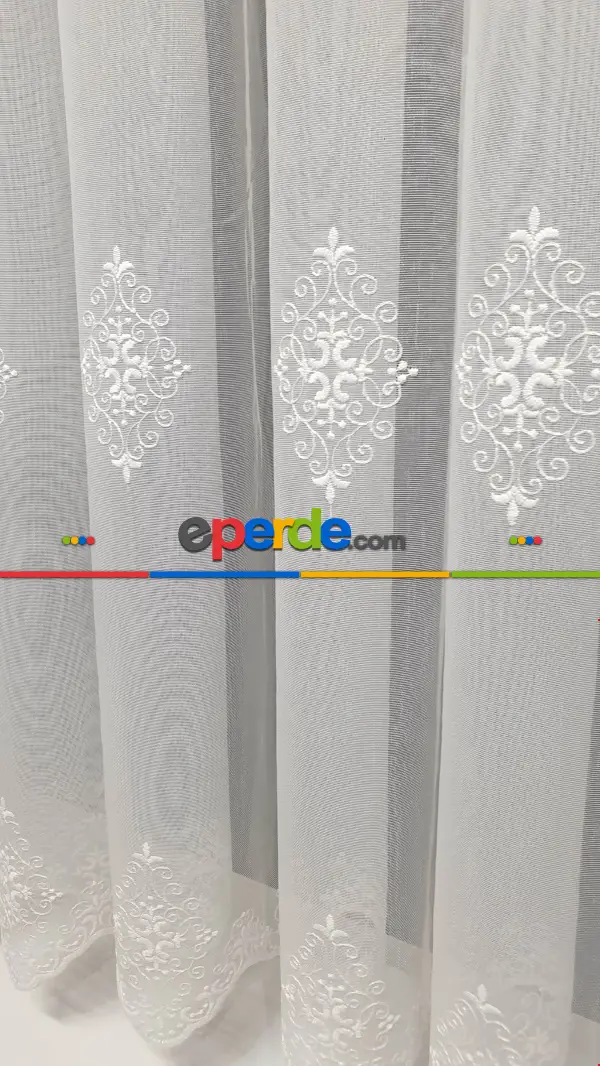 Trend Bohreli Tasarım Serpme Hadise Model İşlemeli Motif Nakış İşli Salon Tül Perdesi