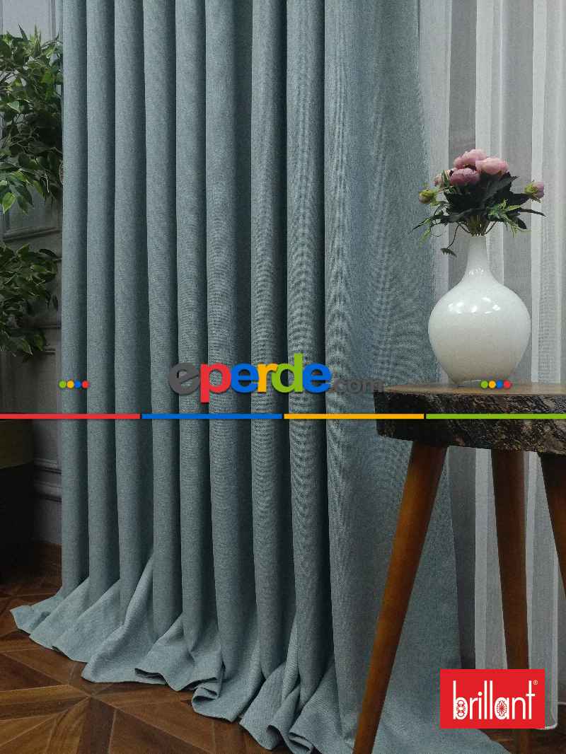 Brillant Keten Açık Havai Mavi Renk Düz Fon Perde - Mavi Doymamış-mint