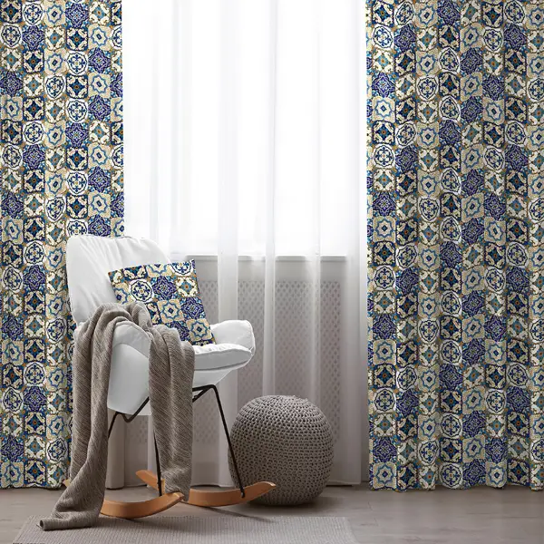 Etnik Mavi Desenli Fon Perde Evim400 Kumaşı Kalındır Duck Bezi Değildir- Mavi-beyaz