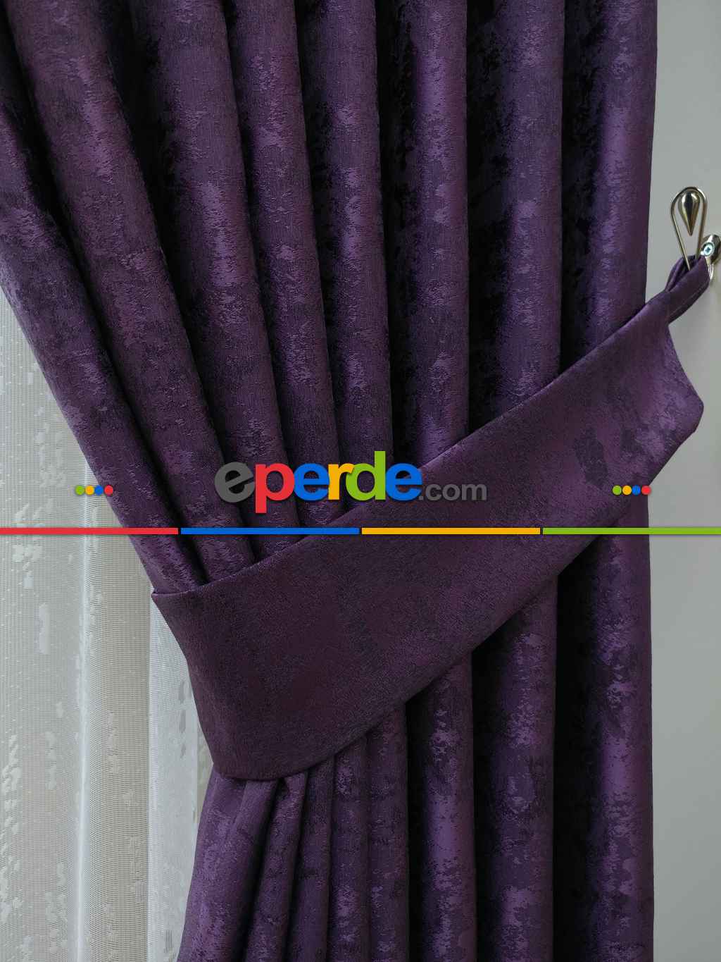 Patinedesenli Mor - Katyonik Jakar Fon Perde- Mor